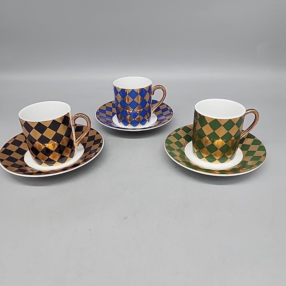 Vintage Checkered neiman marcus Tea Cup And Saucer 3 Sets Gold Japan